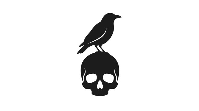 Silhouette of a bird perched on a human skull on a plain