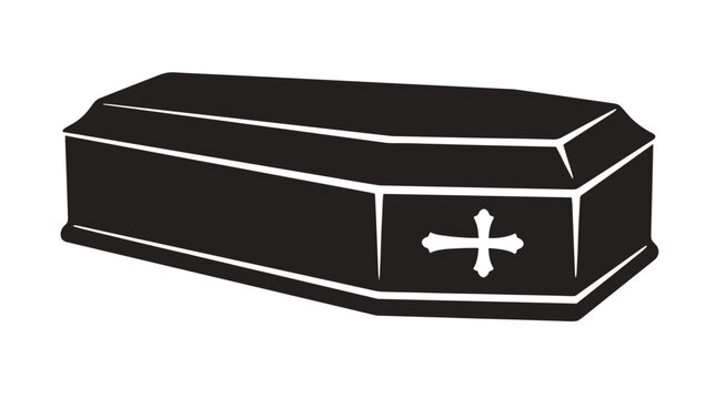 Simple black coffin with white accents on a plain