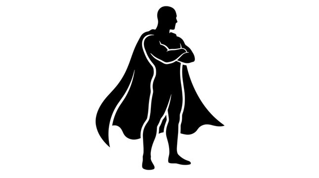 Silhouette of a superhero with a cape standing confidently