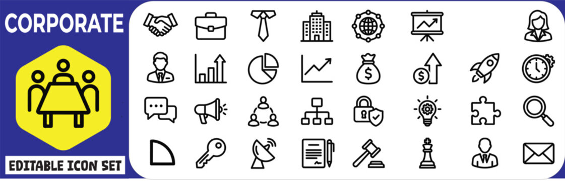A diverse collection of corporate icons depicting business professionals and a variety of modern office related concepts and ideas