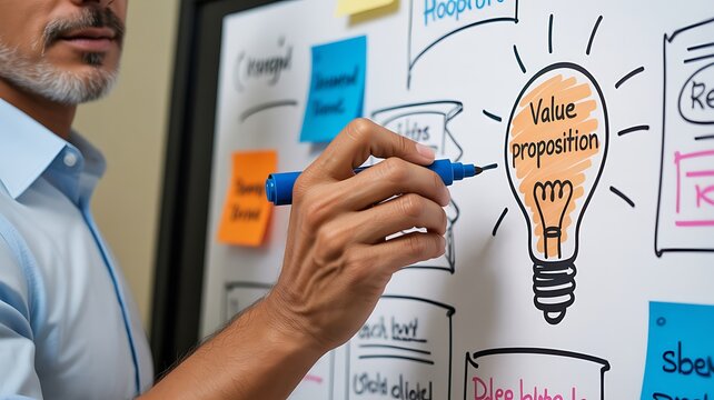 Business professional developing a value proposition strategy on a planning board