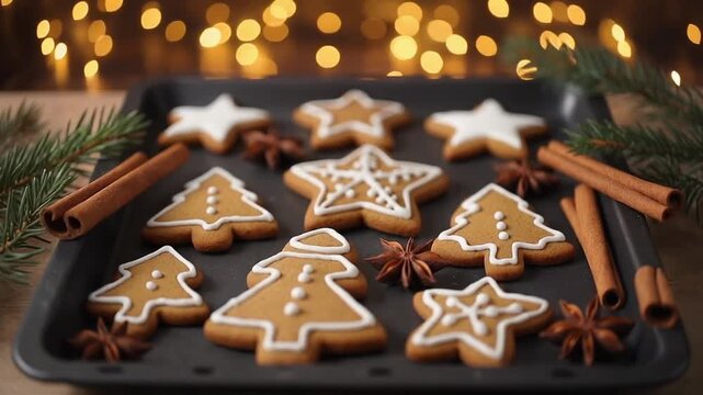 Christmas Gingerbread Cookies with Icing on Baking Tray
