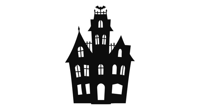 Silhouette of a spooky haunted house with towers and windows