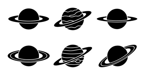 Saturn Planet Icons, Ringed Celestial Bodies, Cosmic Space Objects, Simple Black and White Vector Graphics © Sriti