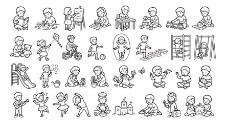 Obraz premium Hand drawn kids activities vector set, 32 line art children icons, black and white doodle of kids playing and learning for coloring book