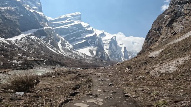 Footage while walking nearly Modi Khola river, the river from glaciers melting in Annapurna Sanctuary of Nepal.