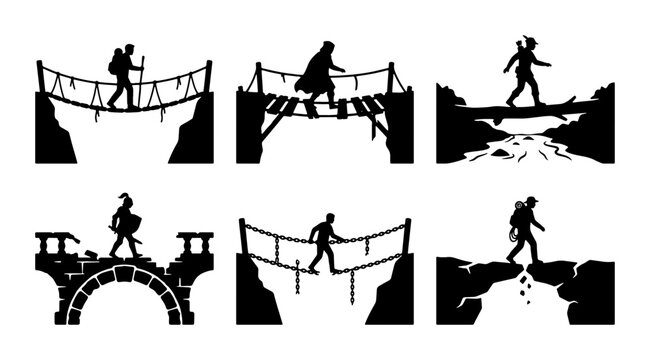 Adventure Bridges: Silhouette Icons of Hikers Crossing Chasms, Rivers, and Cliffs