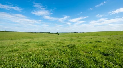 Fototapeta premium Vibrant green field stretching across rolling hills under a bright blue sky with white clouds
