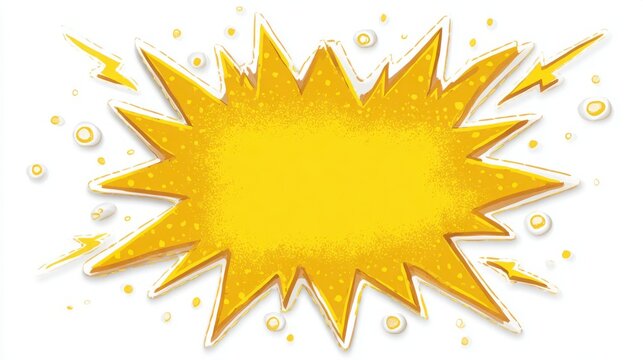A bright yellow comic book style speech bubble with irregular spikes on a white background with textured surface surrounded