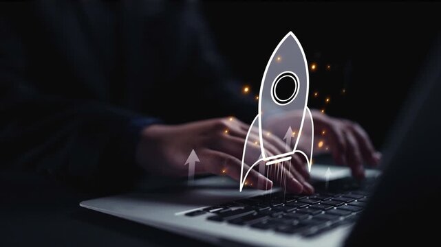 Startup launch and business growth concept, rocket symbolism, entrepreneurship, startup innovation, and early-stage success strategies for new business development and expansion. Elide
