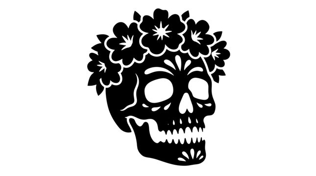 Black skull with floral crown illustration in a decorative and artistic style