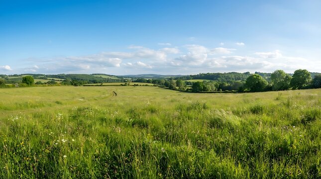Panoramic view of a lush green meadow and rolling hills under a bright blue sky with scattered white clouds in the countryside