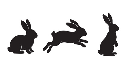 Obraz premium black color silhouette set of three rabbit vector illustration, solid white background