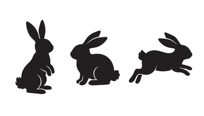 Obraz premium black color silhouette set of three rabbit vector illustration, solid white background
