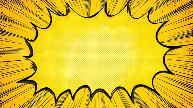 Yellow comic book style speech bubble frame with radiating speed lines and a halftone dot texture with space surrounded radiating
