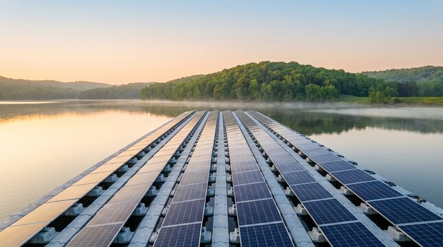 Aerial view of floating solar panels on a calm reservoir at golden hour with green hills