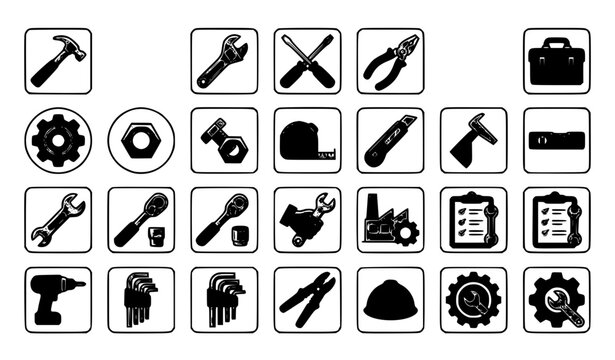 Create a clean professional vector icon set featuring a wrench, hammer, screwdriver, gear, pliers, adjustable wrench, spanner, nut, bolt, toolbox, and repair tools. Simple consistent outline style, bl