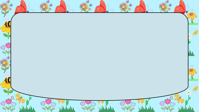 Cartoon spring garden frame with butterflies and flowers, whimsical nature border for children, light blue copy space for kids message
