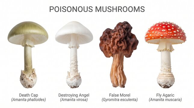 Poisonous Mushroom Species Close Up Botanical Collection on White