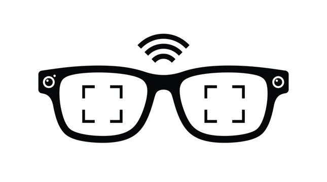 Sleek minimalist vector graphic illustration featuring smart glasses with connectivity symbols and camera lenses displayed in flat bold black style