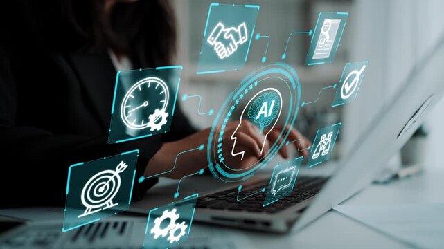 Business professional using laptop with artificial intelligence icons and digital elements for data analysis and decision-making in a modern office environment. Entropy.