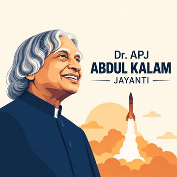 Dr apj abdul kalam illustration with rising space rocket launch and orange sunset sky background