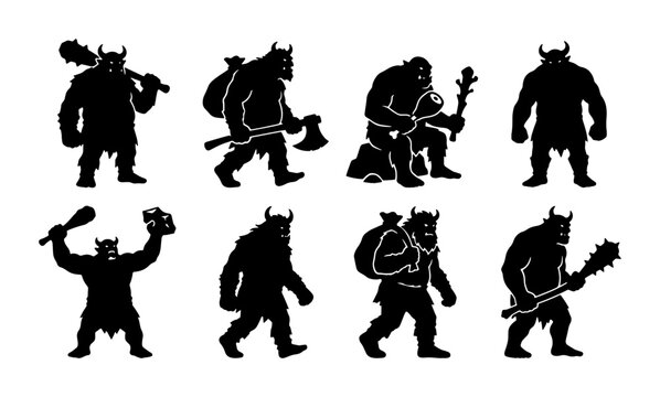 Mythical Trolls Silhouette Collection, Fantasy Creatures Vector Icons, Folklore Characters Set