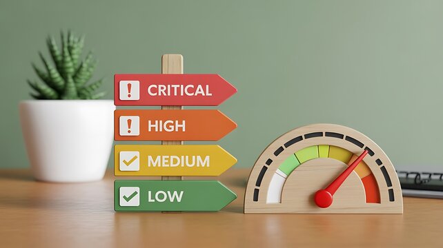 Risk management gauge showing critical, high, medium and low business risk levels