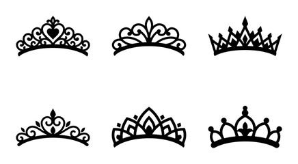 Elegant Black Tiara Icons, Royal Crown Silhouettes, Princess Headband Vector Set © Aditya