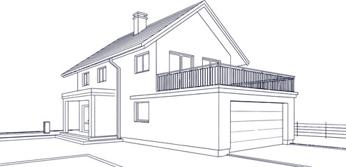 Fototapeta premium Architectural line of a two-story suburban residential house with a garage, balcony, chimney, and windows, isolated on a white background, black and white