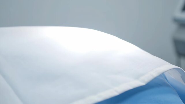 Clean medical equipment with white sterile cloth and blue underlay in a modern hospital room