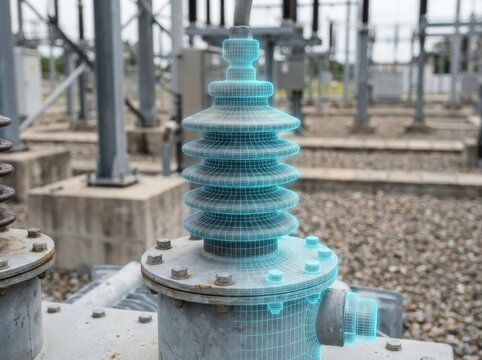 high voltage substation digital twin Electrical insulator in a power substation with a digital wireframe overlay