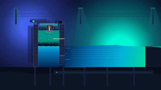 2D animation explaining the pneumatic mechanics of an artificial wave pool, showing air compression and water displacement to create a perfect surfing barrel over a bathymetric reef