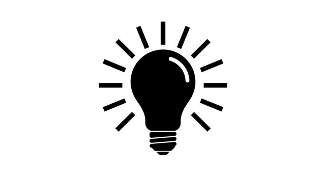 A simple black and white animation of a light bulb turning on and radiating light, symbolizing new ideas, innovation, and creative inspiration.