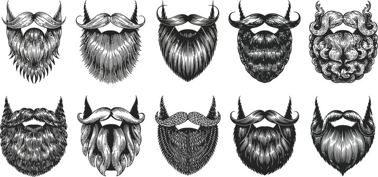 Collection of ten different detailed beard and mustache styles in a vintage hand-drawn aesthetic, isolated on a white background, for barbershop branding, and grooming concepts
