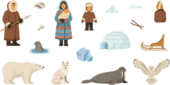 Arctic Indigenous Inuit People Character Set with Igloo Sled Polar Bear Seal and Walrus Flat Vector Illustration for Northern Culture Education Designs
