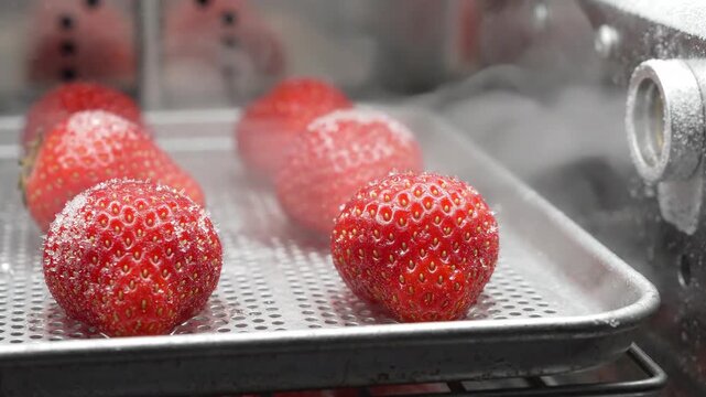 Frozen Strawberry Red Fruit on Metal Tray with Ice Crystal Frost Texture, Cold Storage Food Preservation and Industrial Cooling Equipment Viewing