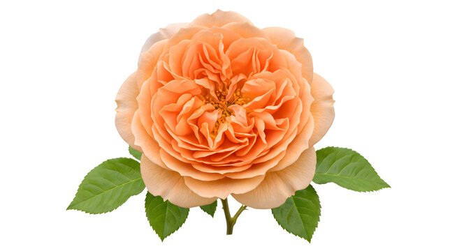 Single large peach colored cabbage rose head with leaves as PNG asset