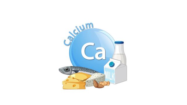 Dynamic motion graphic showing calcium symbol Ca with a selection of calcium-rich foods like milk, cheese, fish, and nuts, animated on a clean white background.