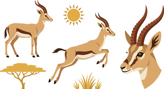PrintAfrican Gazelle and Antelope Vector Illustration Set with Running Impala Safari Elements for Wildlife Nature Design Layouts