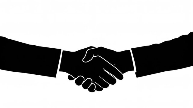 A black and white silhouette animation of two hands shaking, representing a successful business deal, partnership, agreement, or corporate greeting.