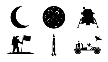 Space Exploration Icons: Moon, Astronaut, Rocket, Lunar Rover, Lander, Vector Set © Ayush