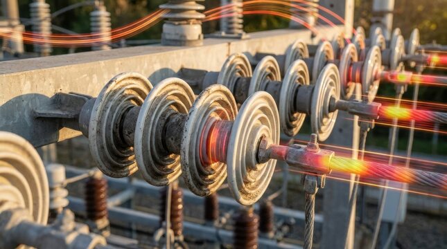 grid congestion visualization Close-up of electrical insulators with sparks on a power transmission line.