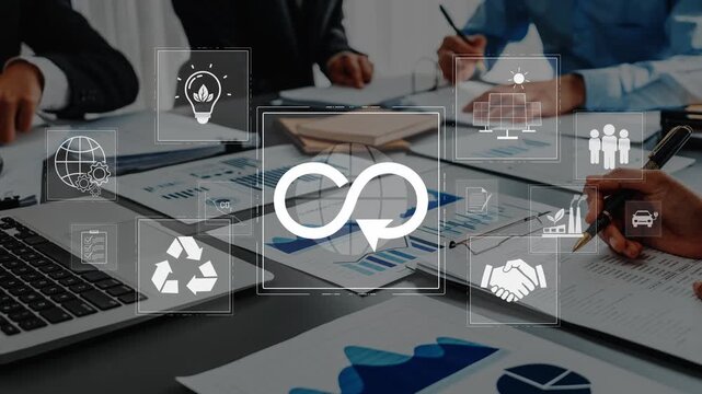 Professionals gather around a conference table engaged in a strategic meeting about circular economy concepts, supported by charts and infographics showcasing collaborative efforts. Raster