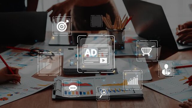 A professional business meeting showcasing digital marketing concepts with team collaboration, analytics, and strategy planning on a wooden table with laptops and documents. Raster