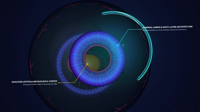 3D animation of a foldable intraocular lens implantation during cataract surgery showing corneal incision phacoemulsification IOL insertion capsular bag unfolding and refractive focus adjustment