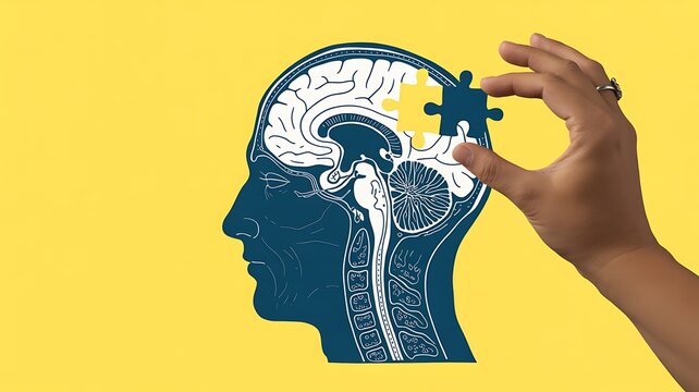 Human brain profile with puzzle piece representing cognitive health and problem solving