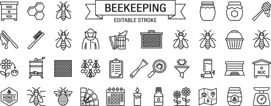 Beekeeping and honey production line icons on transparent background Editable Stroke.