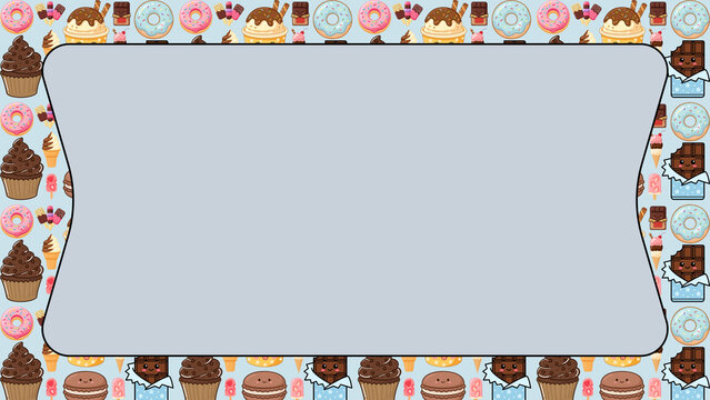 Sweet dessert border frame with copy space, cute cartoon pastry background, colorful bakery treats and chocolate illustration for menu design