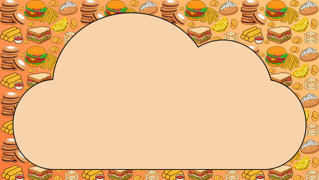 Fast food pattern background with central cloud frame, cartoon junk food border for restaurant menus, orange snack food wallpaper with copy space